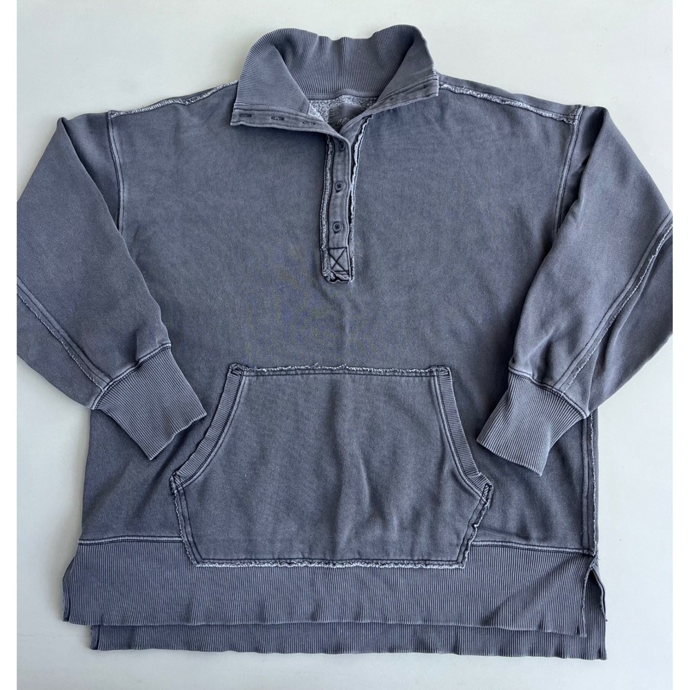 Aerie Womens Henley Sweatshirt Faded Charcoal Fleece Pullover‎ S